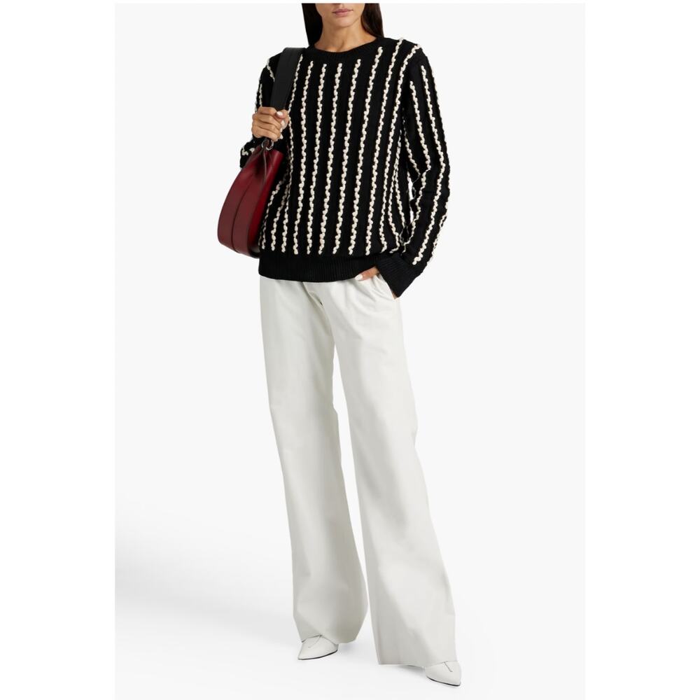 Jason Wu Two Tone Linen Cotton Woven Stripe Navy Cream Pullover Sweater M